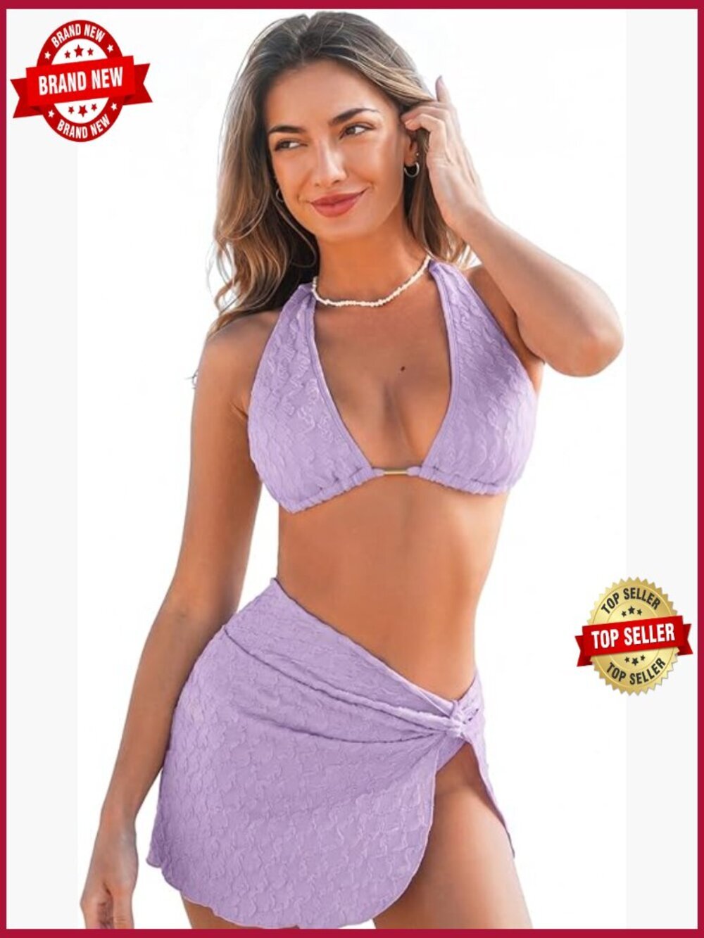 Textured V-Neck Bikini Set with Twist Sarong
